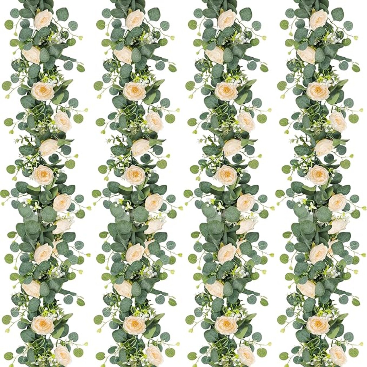 4 Pack 24Ft Artificial Eucalyptus Flower Garland with Champagne Roses, Fake Rose Flower Greenery Garland Floral Vines for Wedding Home Party Table Runner Decor (4PCS, Champagne)